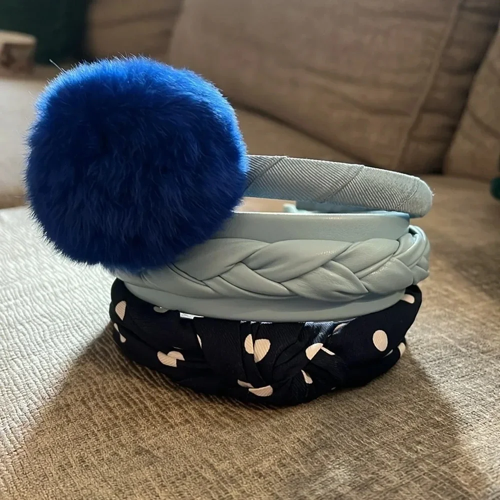 ANNA BELEN Faux Fur Headband + 2 Extra Headbands Blue Navy Light Blue
